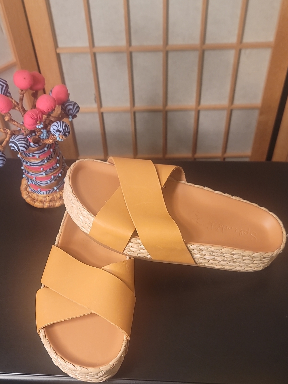 NEW SPLENDID Becky Tan Leather Platform Raffia Slide Sandals Women's
